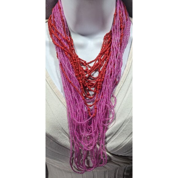 Pink And Red Multilayer Glass Beaded Statement Necklace - Picture 5 of 6